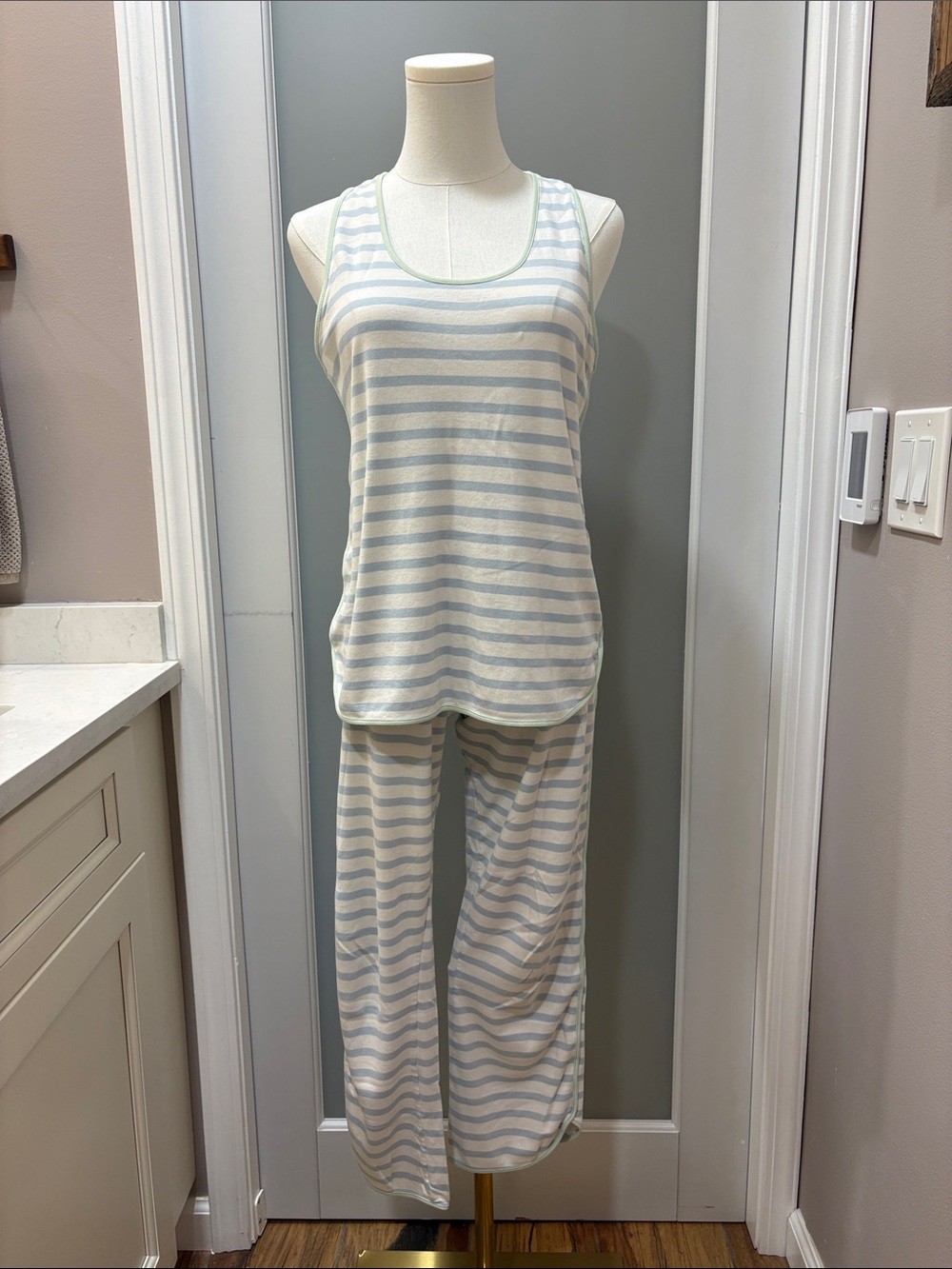 Striped Tank & Pant Pajama Set in Light Blue and Cream